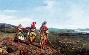 Neapolitanische Landschaft mit Figuren. Neapolitanische Bauern pflügen ein Feld auf dem Land. Gemälde von Joaquim VAYREDA i VILA (1843-1894) von Joachim Vayreda i Vila