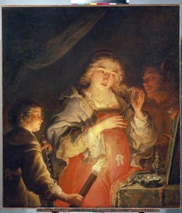 Allegorie der Eitelkeit. Eine junge Frau mit blonden Haaren schneidet sich eine Haarsträhne vor einem Spiegel, der von einem Mann gehalten wird, ein Kind beleuchtet sie mit einer Fackel. von Joachim von Sandrart
