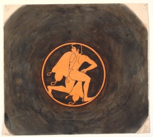 Kopie nach griechischer rotfiguriger Kylix mit Malerei eines laufenden Jünglings mit Weinsäcken
