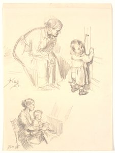 Zwei Figurenstudien. Oben eine sitzende Frau, die ein Kind an einer Tür beobachtet; unten eine Frau mit einem Kind am Klavier von Joakim Frederik Skovgaard