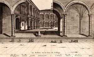 Der Innenhof des Archiginnasio-Palastes, Bologna, Emilia-Romagna, Italien, Kupferstich, ca. 21x29 cm