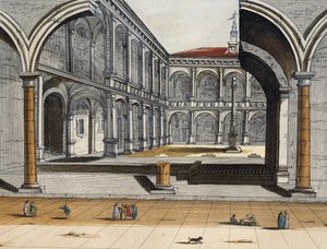 Ansicht des Innenhofs der alten Universität in Bologna, Joan Blaeu, Stich, Italien von Joan Blaeu