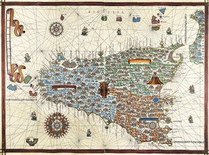 Insel Sizilien. (Sicilia) Navigationskarte von Joan Martines (1556-1591) von Joan Martines