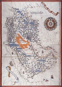 Karte der Arabischen Halbinsel, mit Windrose und Details von Häfen und Küsten, im Atlas von Joan Martines von Joan Martines
