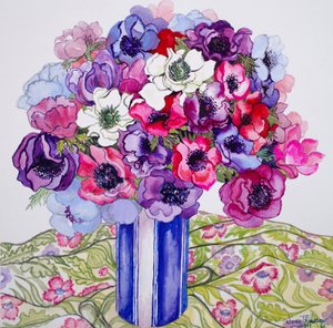 Anemonen in einem gestreiften Topf von Joan Thewsey