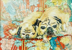 Möpse auf einem chinesischen Drucksofa, 2000