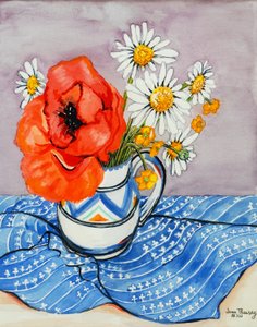 Roter Orientalischer Mohn und Margeriten in einem Honiton-Krug, 2005