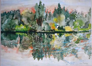 Der See bei Sonnenuntergang, Bremes les Ardres, 2000 von Joan Thewsey