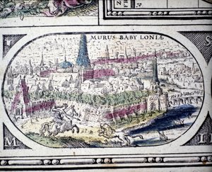 Darstellung der Sieben Weltwunder der Antike: die Gärten von Babylon. im Atlas von Jansson Jannsonius, gedruckt in Amsterdam im Jahr 1630 von Joannes Jansson