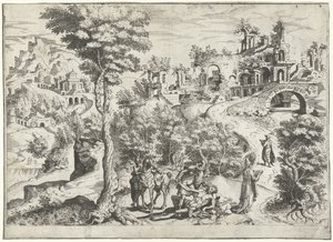Landschaft mit dem barmherzigen Samariter von Joannes van Doetechum (I) (attributed to)
