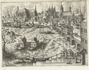 Stadtansicht mit Brücke und Hafen (Landschaften, Seestücke und fantasievolle Stadtansichten)