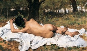 „Junger Bacchus“ Bacchus von hinten liegt auf einem Blatt im Gras. Gemälde von Joaquin Agrasot y Juan (1836-1919) Um 1872 Valencia. Museum der Schönen Künste San Pio V.