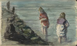 Frau mit zwei Kindern am Wasser