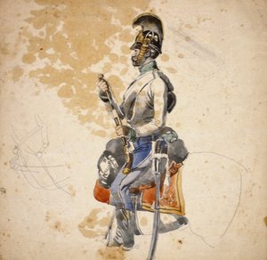 Ein Reiter des 5. Dragonerregiments zeigt das Nachladen seiner Pferdepistole, 1840-1850