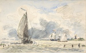 Niederländische Fischerboote, Verso: Skizzen von Booten von Johan Barthold Jongkind