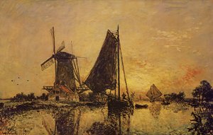 In Holland, Boote in der Nähe einer Windmühle, 1868 von Johan Barthold Jongkind