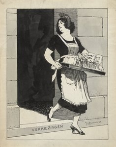 Entwurf für eine Illustration in De Amsterdammer: Die niederländische Jungfrau als Dienstmädchen mit einem Tablett Gläser stolpert über die Stufe Wahlen (17. Mai 1924)