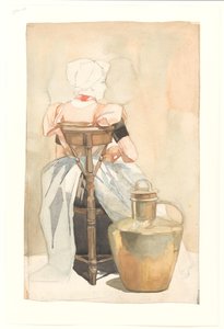 Sitzendes Mädchen in Tracht, von hinten gesehen von Johan Braakensiek