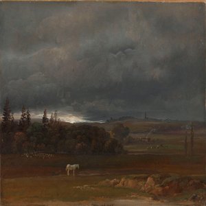 Acker bei Dresden mit weißem Pferd von Johan Christian Dahl