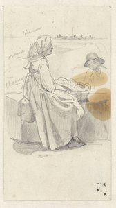 Frau im Profil, auf einer Mauer ruhend, auf der ein Korb steht von Johan Daniël Koelman