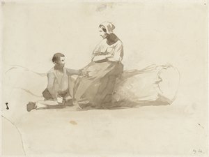 Frau auf einem Baumstamm und ein Junge mit einem Buch von Johan Daniël Koelman
