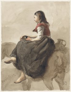 Sitzende Frau auf einem Pferd mit zwei Krügen von Johan Daniël Koelman