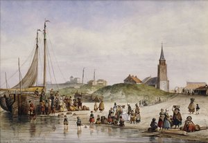 Fischerleute am Strand mit einer Stadt im Hintergrund, 1857