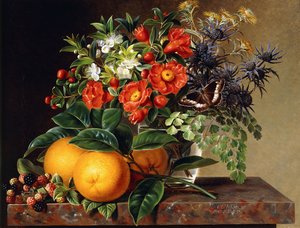 Orangen, Brombeeren und eine Vase mit Blumen auf einem Sims, 1834
