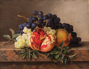 Granatäpfel und grüne und blaue Trauben auf einem Marmorrand, 1833