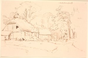 Bondehus mit einem Storchennest auf dem Dach von Johan Thomas Lundbye