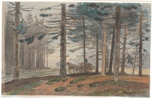 Fichtenwald mit Weg, auf dem ein Pferdewagen mit Holz fährt. Im Hintergrund eine Lichtung im Wald