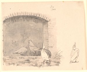 Die Hühner und die Enten. Rechts: Studie einer Ente, die den Regen genießt von Johan Thomas Lundbye