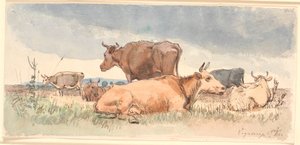 Landschaft mit drei liegenden und drei stehenden Kühen von Johan Thomas Lundbye