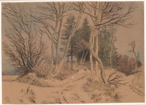 Schneebedeckte Wege zwischen Tannen und kahlen Bäumen von Johan Thomas Lundbye