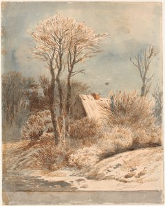 Schneelandschaft mit Haus zwischen Bäumen von Johan Thomas Lundbye