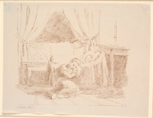 Schlafzimmerinterieur mit einem kleinen Mädchen, das auf dem Boden sitzt und schläft, an eine Wiege mit einem schlafenden Kind gelehnt von Johan Thomas Lundbye