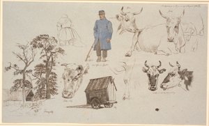 Studienblatt vom Melkplatz bei Vognserup. Studien von Kühen. Links Bauernhof hinter drei hohen Bäumen, in der Mitte vorne sitzende Melkerin mit Rückenansicht und ein stehender Hirte. Unten rechts ein Hirtenwagen von Johan Thomas Lundbye