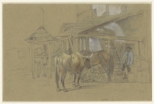 Ochsen und ein Pferd beim Schmied