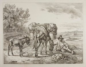 Beladener Maultier mit ruhendem Fahrer von Johann Adam Klein