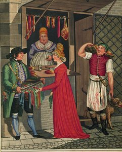Metzgerei und Metzgerjunge mit Hund