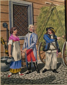 Kutscher eines Herrn, Dienstmädchen und Heuverkäufer, aus einer Serie Wiener Typen