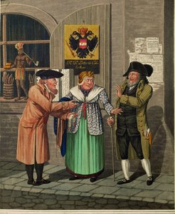 Drei Wiener Juden vor einer Staatslotterie und einem Tabakladen