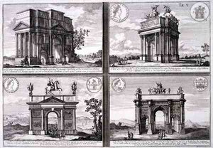 Der Triumphbogen von Catulus und Marius in Orange, der Bogen von Domitian, der Bogen von Drusus und der Bogen von Septimus Severus, aus 
