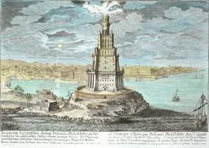 Leuchtturm von Alexandria, erbaut von Ptolemaios dem Großen (36-nach 30 v. Chr.), Ägypten, aus Entwurf einer historischen Architektur, graviert von Johann Adam Delsenbach (1687-1765) 1721 von Johann Bernhard Fischer von Erlach