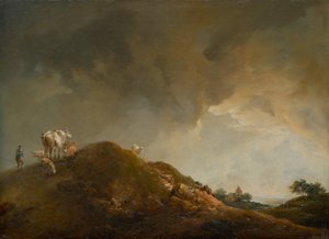 Hügellandschaft mit Kühen und Schafen