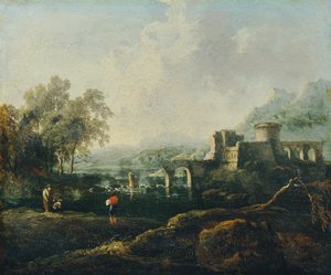 Ideale Landschaft mit Fluss und Brückenruine (Der Morgen)