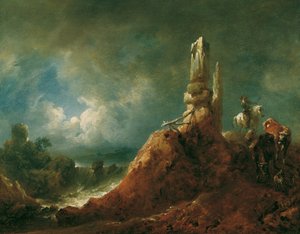 Landschaft mit Ruine und Reiter bei Mondschein