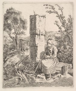 Eine alte Dame sitzt in der Nähe einer Säule am Straßenrand, 1819