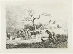 Winterlandschaft mit Schlitten fahrenden Kindern und verschiedenen Schlitten