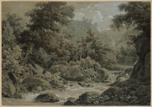 Gebirgs- und Waldlandschaft, vorne ein Bach